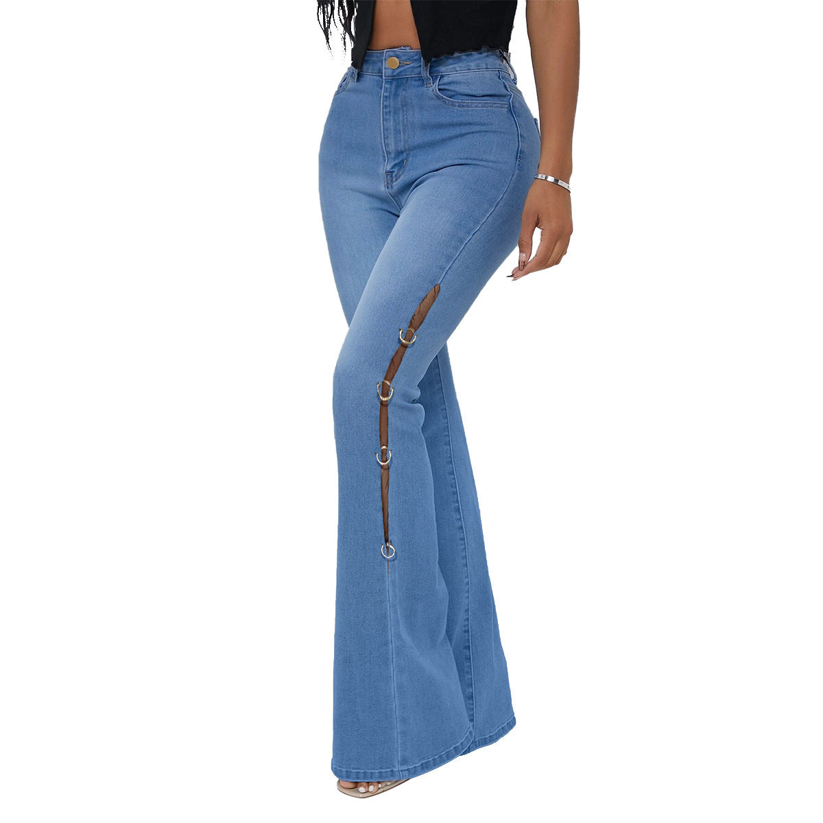 Fashion Metal Denim Women Trumpet Jeans-Pants-Blue-S-Free Shipping Leatheretro