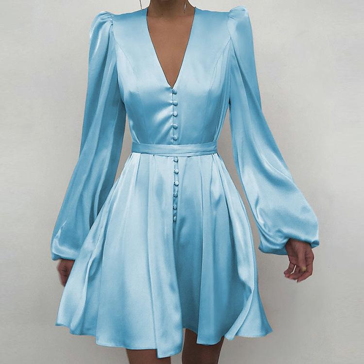 Women Long Sleeves Slim Mini Dresses-Mini Dresses-Sky Blue-S-Free Shipping Leatheretro