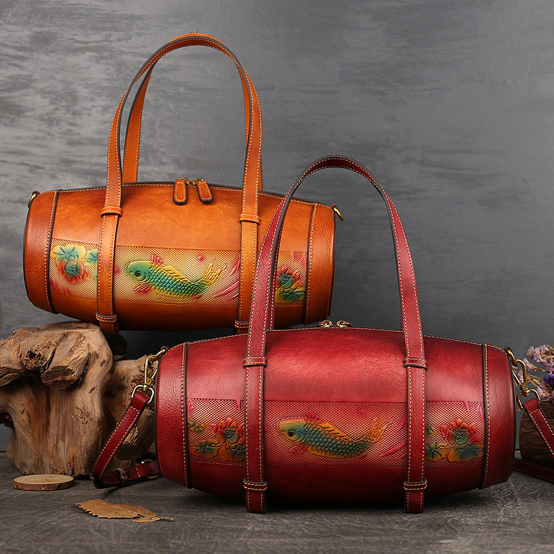 Women Vintage Fish Embossing Leather Bucket Bags 3227-Leather Women Bags-Red-Free Shipping Leatheretro