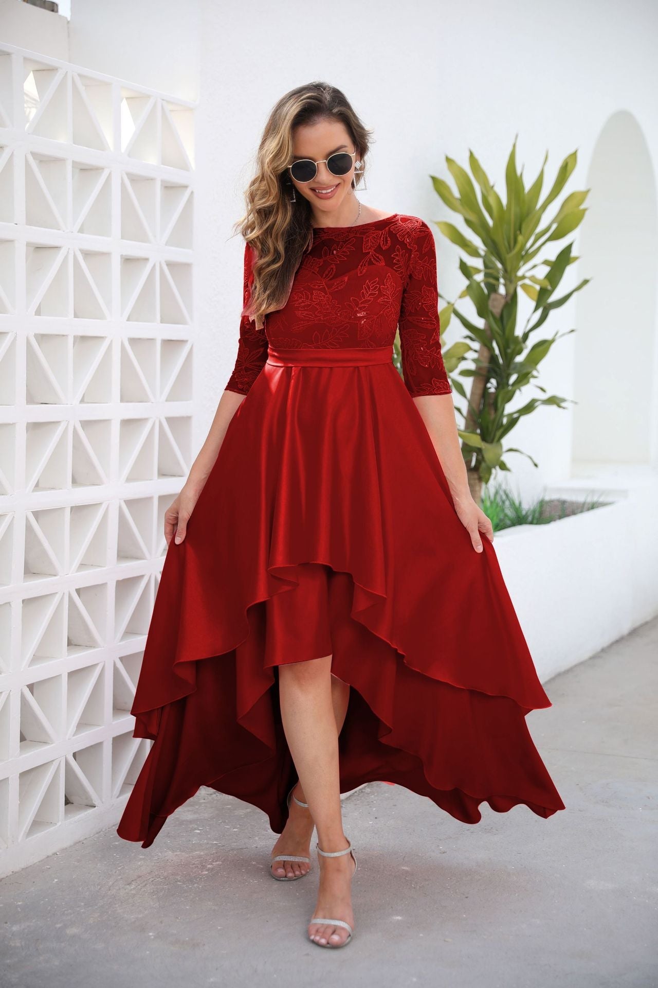 Elegant Lace Party Dresses with Brush Tail-Dresses-Red-S-Free Shipping Leatheretro