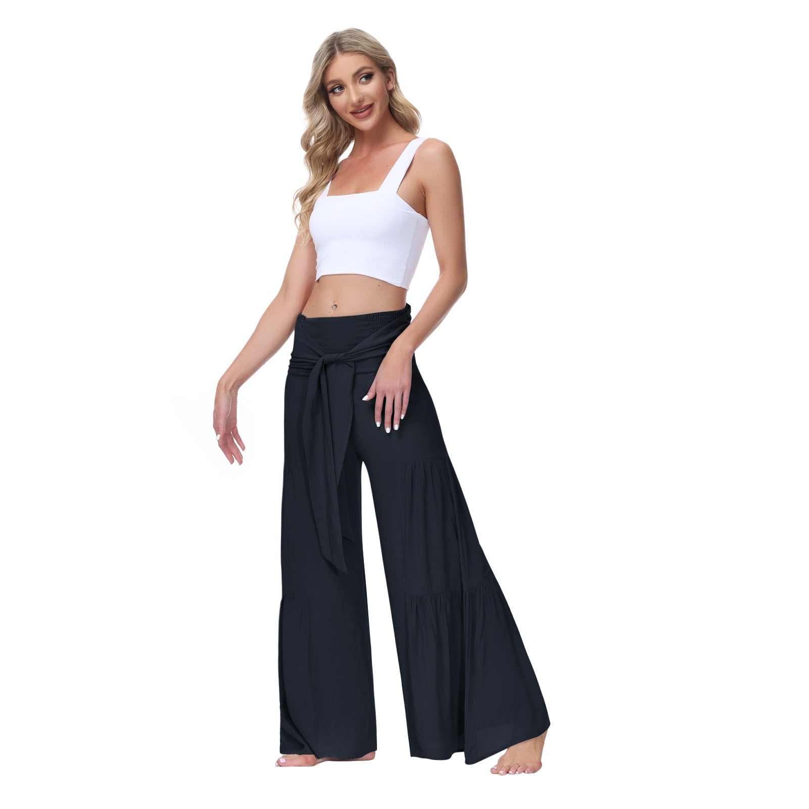 Casual Elastic Waist Wide Legs Pants-Women Bottoms-Navy Blue-S-Free Shipping Leatheretro