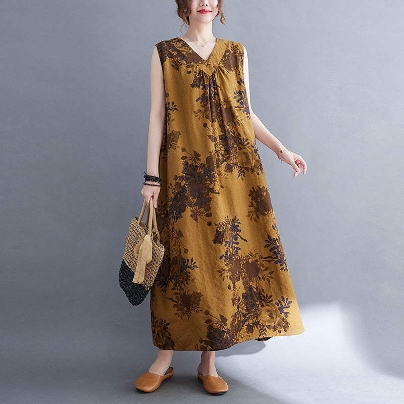 Casual Summer Linen Plus Sizes Sleeveless Dresses-Dresses-Yellow-M【50-60 kg】-Free Shipping Leatheretro
