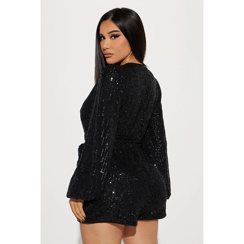 Sexy V Neck Sequined Long Sleeves Short Jumpsuit-Dresses-Black-S-Free Shipping Leatheretro