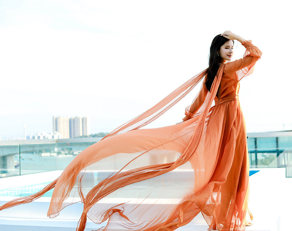 Vintage Fairy Summer Beach Long Dresses-Dresses-Orange-S-Free Shipping Leatheretro