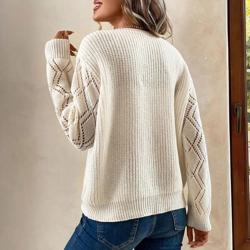 Casual V Neck Knitted Pullover Sweaters-Shirts & Tops-White-S-Free Shipping Leatheretro