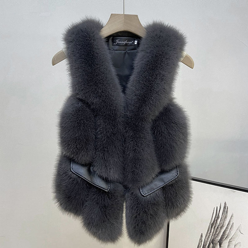 Winter Man Made Fox Fur Short Top Vest for Women-vest-铁灰色（口袋盖马甲）-S-Free Shipping Leatheretro