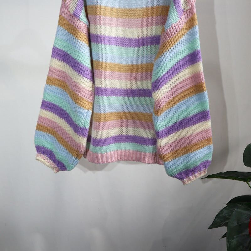 Colorful Striped Women Knitted Cardigan Outerwear-Shirts & Tops-Pink-One Size-Free Shipping Leatheretro