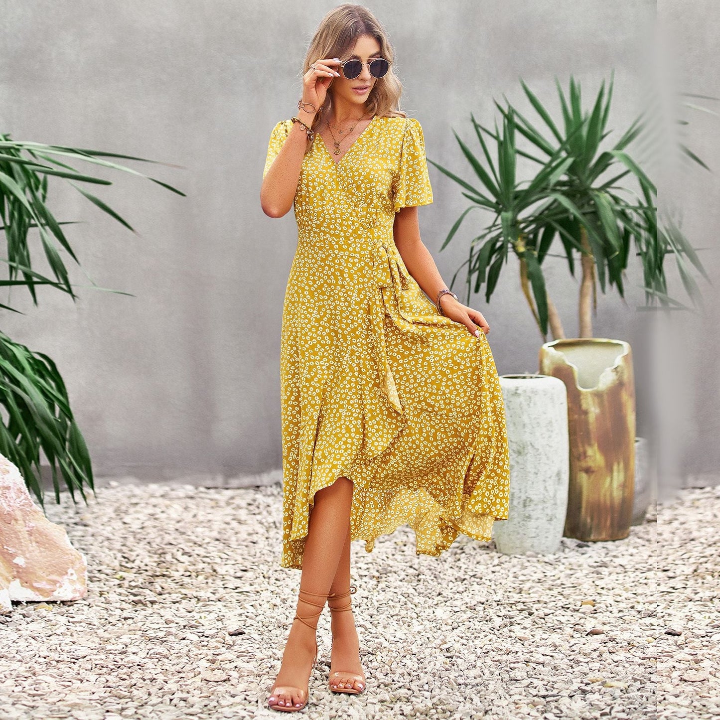 Classy A Line Short Sleeves Long Dresses-Dresses-Yellow-S-Free Shipping Leatheretro