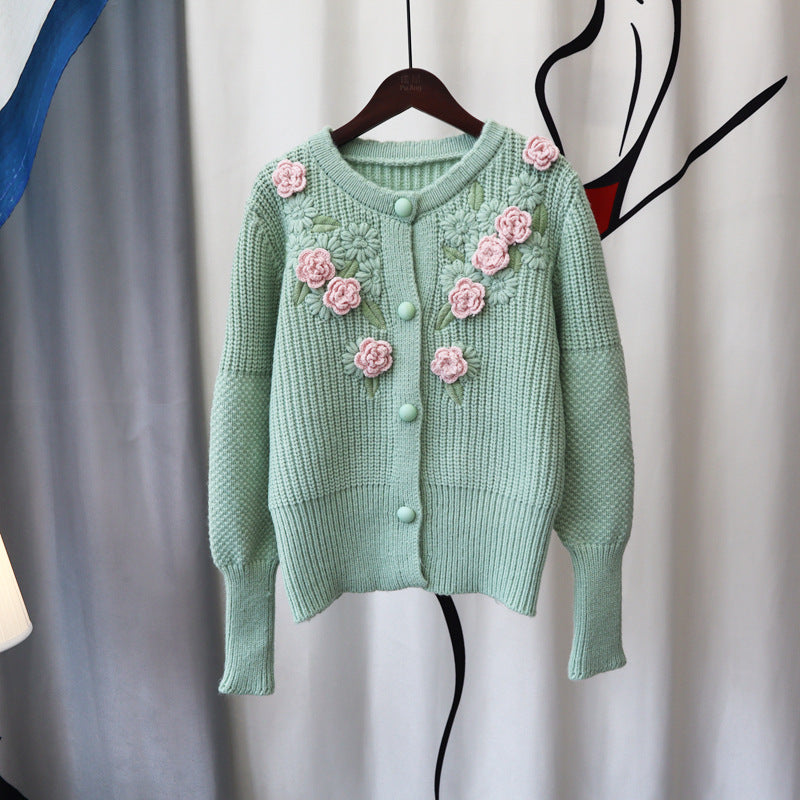 3D Knitting Rose Design Sweetly Knitted Overcoats-Shirts & Tops-Green-One Size-Free Shipping Leatheretro