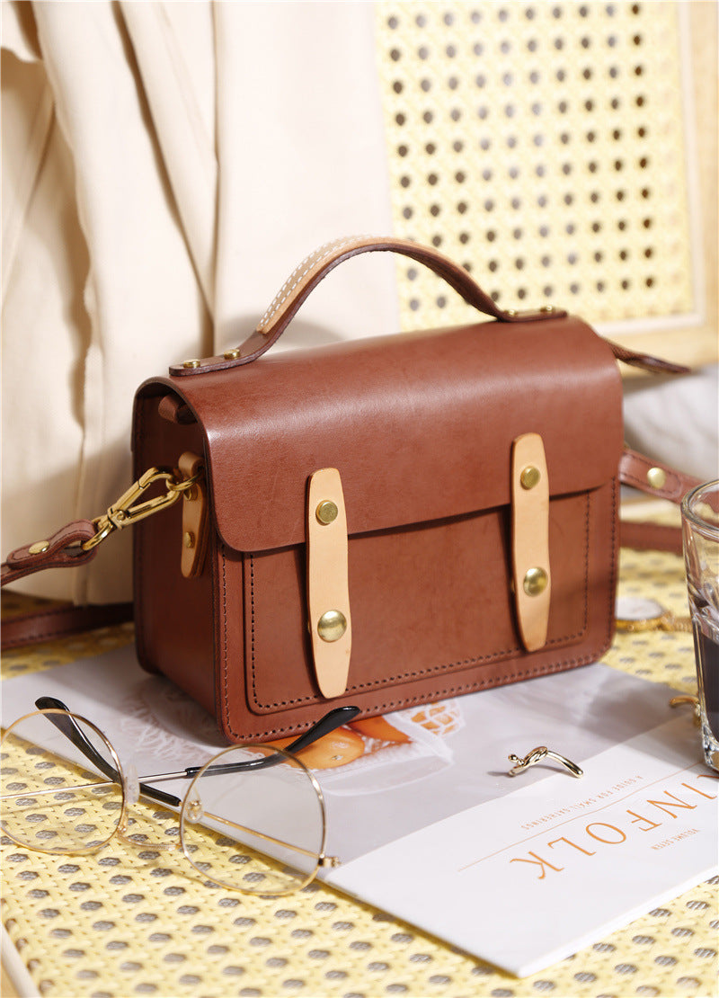 Cowhide Vege Tanned Leather Messager Handbag for Women 8025-Handbags-Brown-Free Shipping Leatheretro