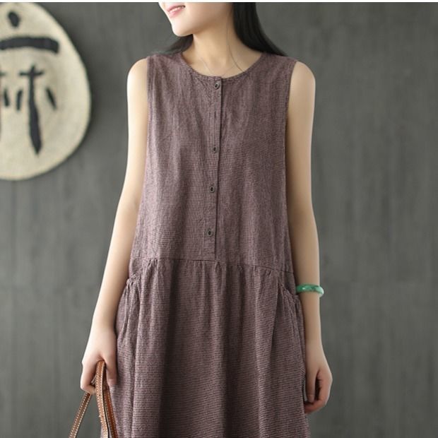 Vintage Sleeveless Linen Summer Midi Dresses-Dresses-Black-M-Free Shipping Leatheretro