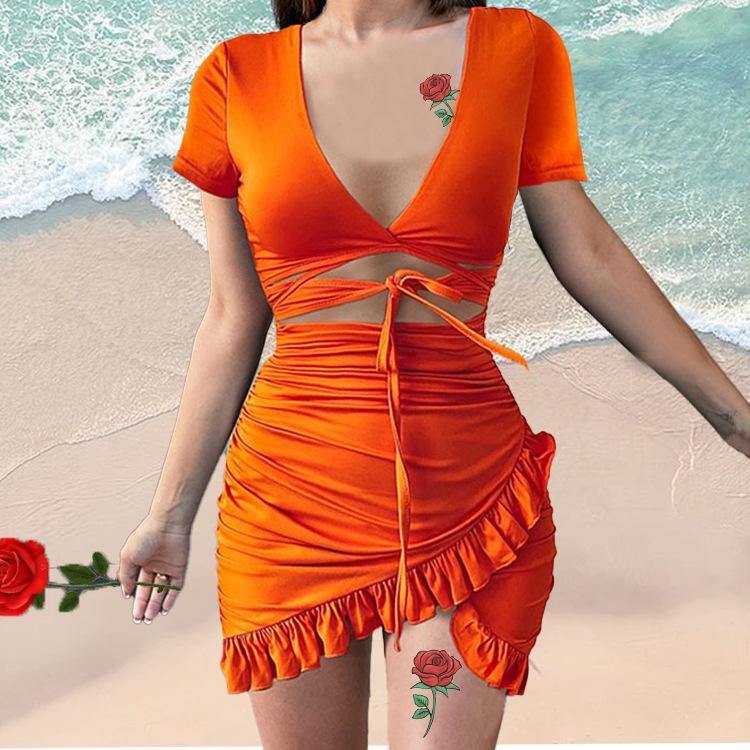 Sexy V-neck Irregular Tight Mini Dresses-Sexy Dresses-Orange-L-Free Shipping Leatheretro