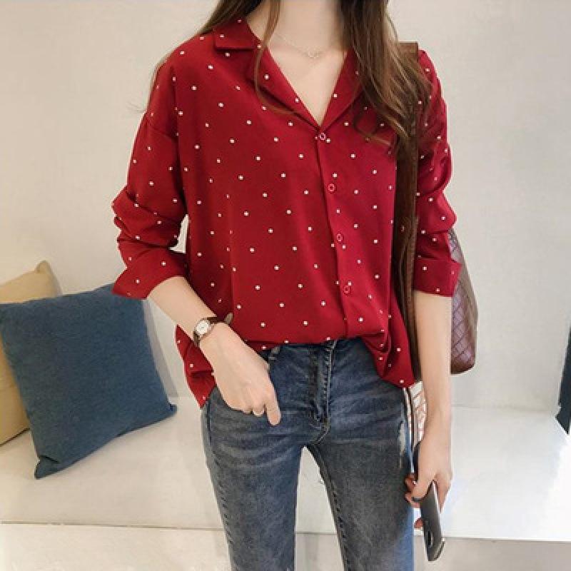 Women Dot Print Chiffon Long Sleeves Shirts-Shirts & Tops-Red-L-Free Shipping Leatheretro