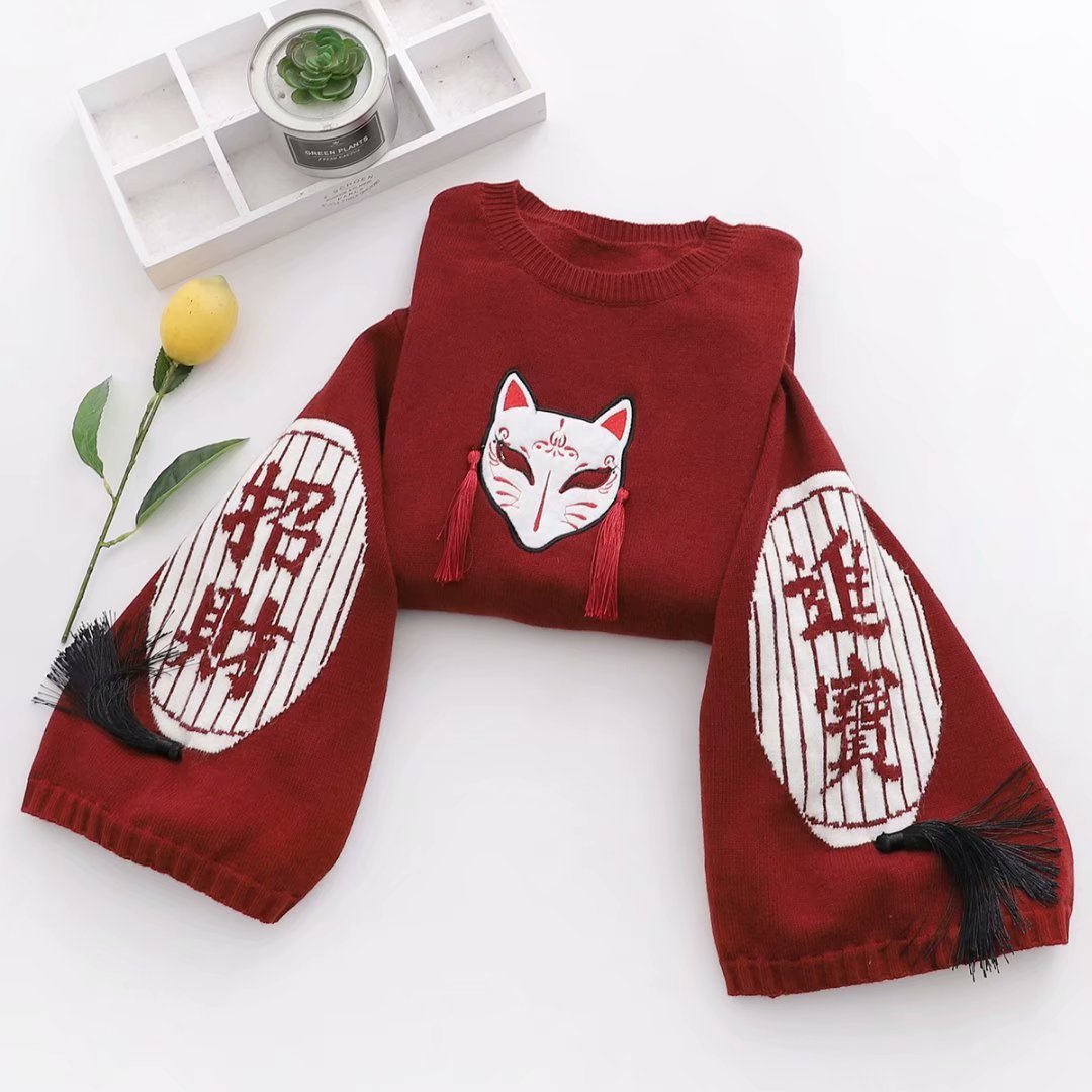 Wine Red Cute Knitting Fox Print Sweater-Shirts & Tops-Wine Red-One Size-Free Shipping Leatheretro