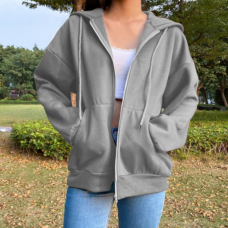 Casual Zipper Velvet Long Sleves Women Hoody Tops-Outerwear-Gray-S-Free Shipping Leatheretro