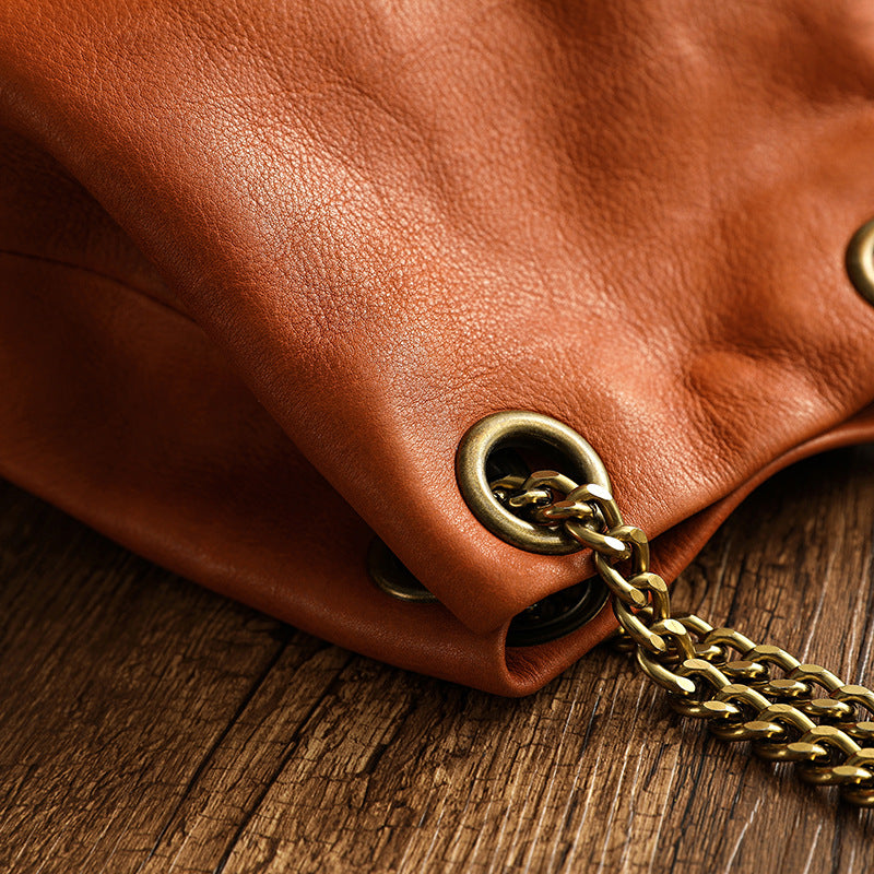 Vintage Vege Tanned Leather Bucket Bag with Chains 21032-Yellow-Free Shipping Leatheretro