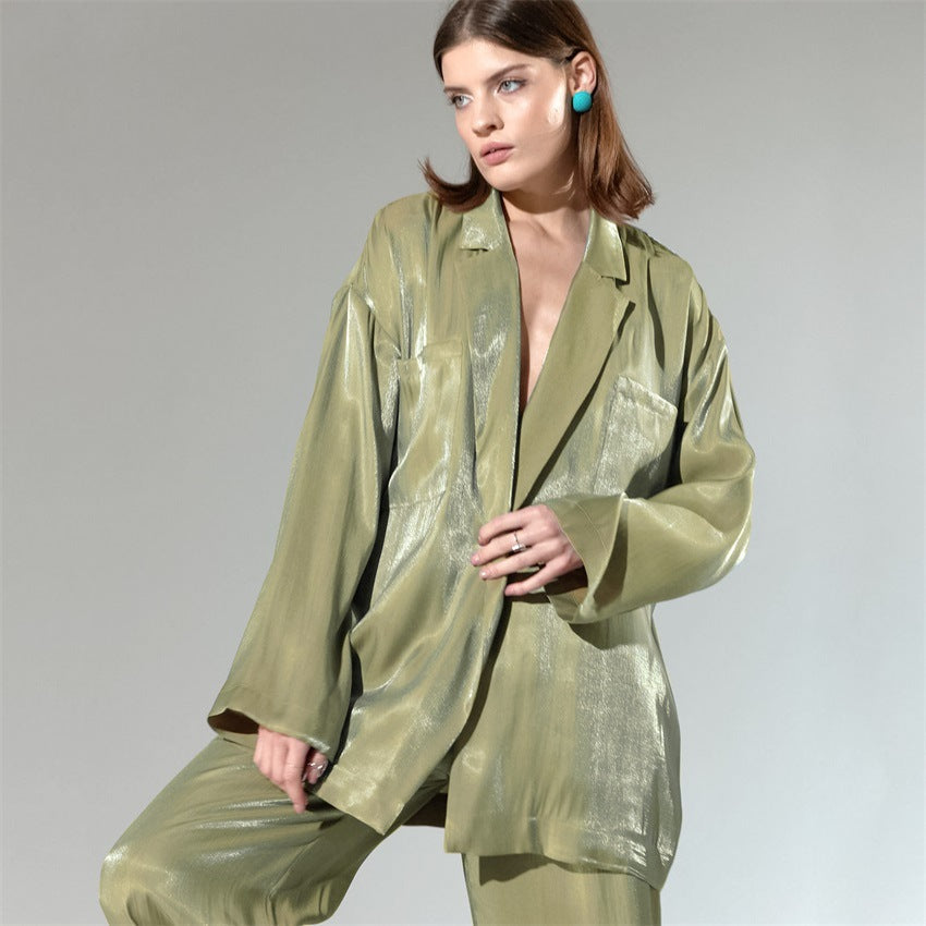 Casual Satin Women Long Sleeves Shirts and Wide Leg Pants-Suits-Green-S-Free Shipping Leatheretro
