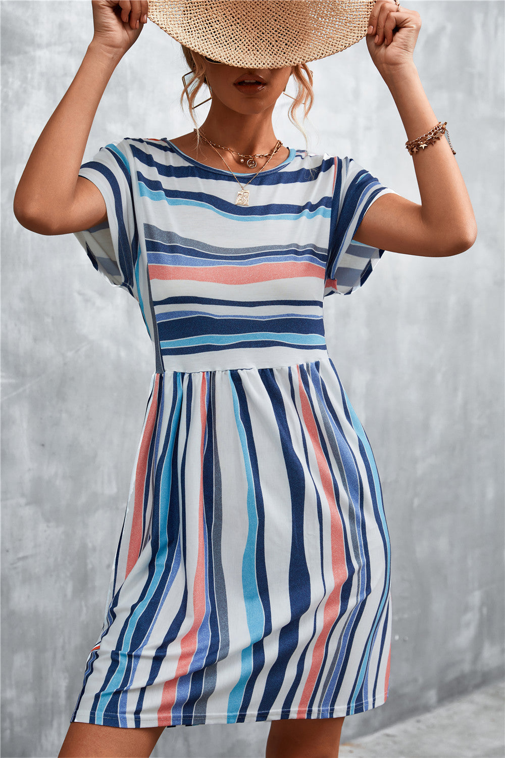 Casual Summer Striped Short Dresses-Dresses-Blue-S-Free Shipping Leatheretro