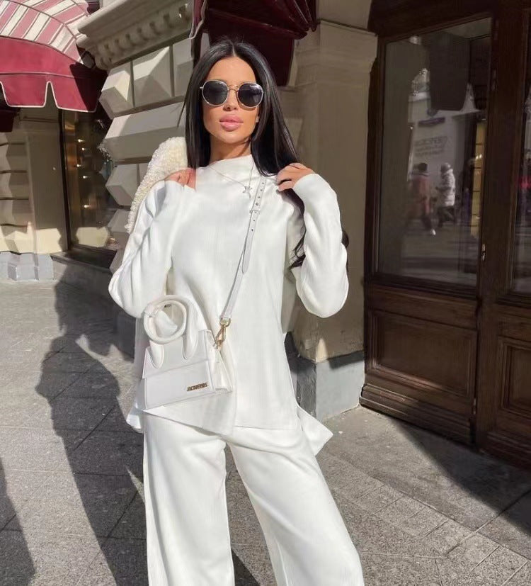 Winter Long Sleeves Knitted Tops and Wide Leg Pants-Suits-White-S-Free Shipping Leatheretro