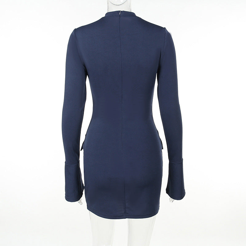 Elegant Fashion Long Sleeves Sheath Dresses-Dresses-Blue-S-Free Shipping Leatheretro