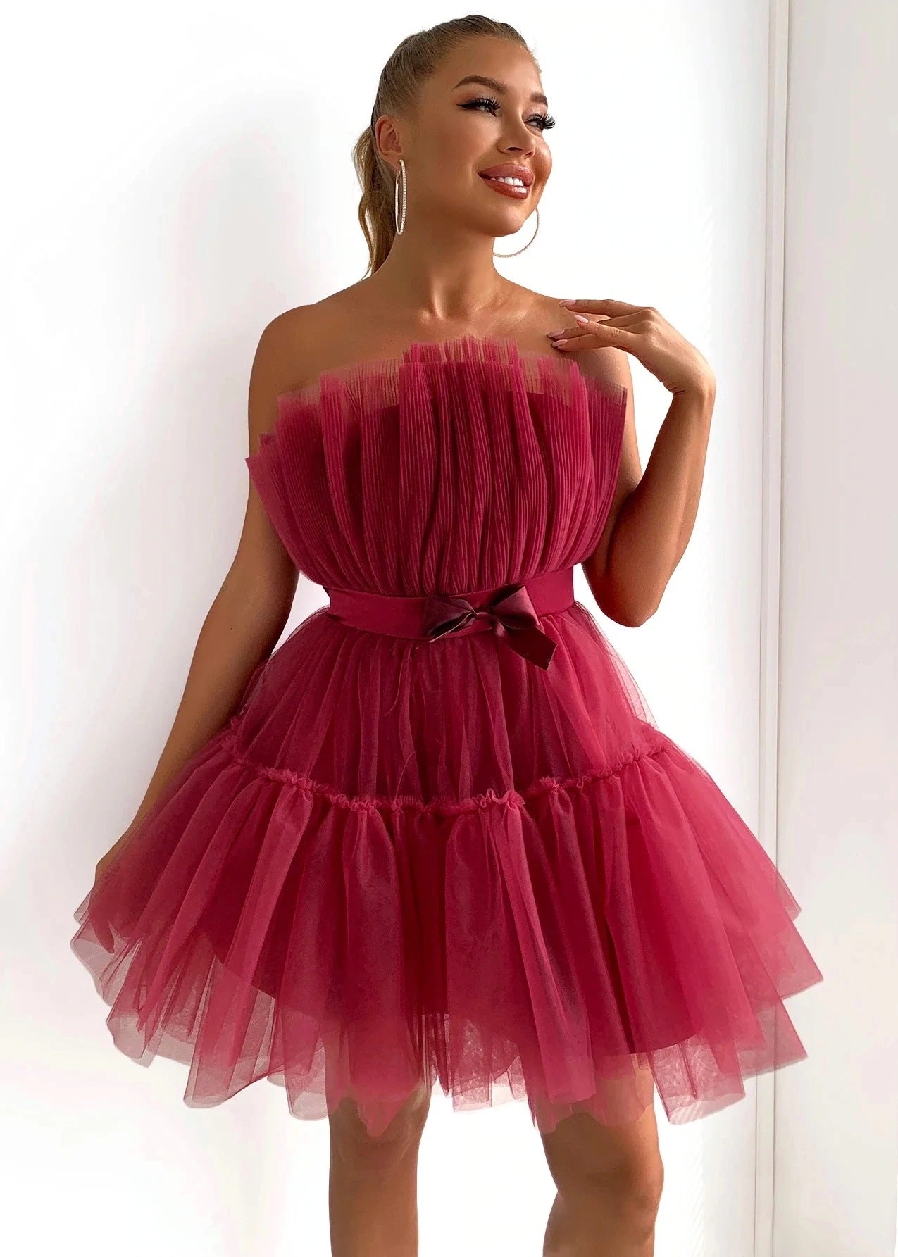 Sexy Strapless Tulle Bowknot Ball Gown Pary Dresses-Dresses-Pink-S-Free Shipping Leatheretro