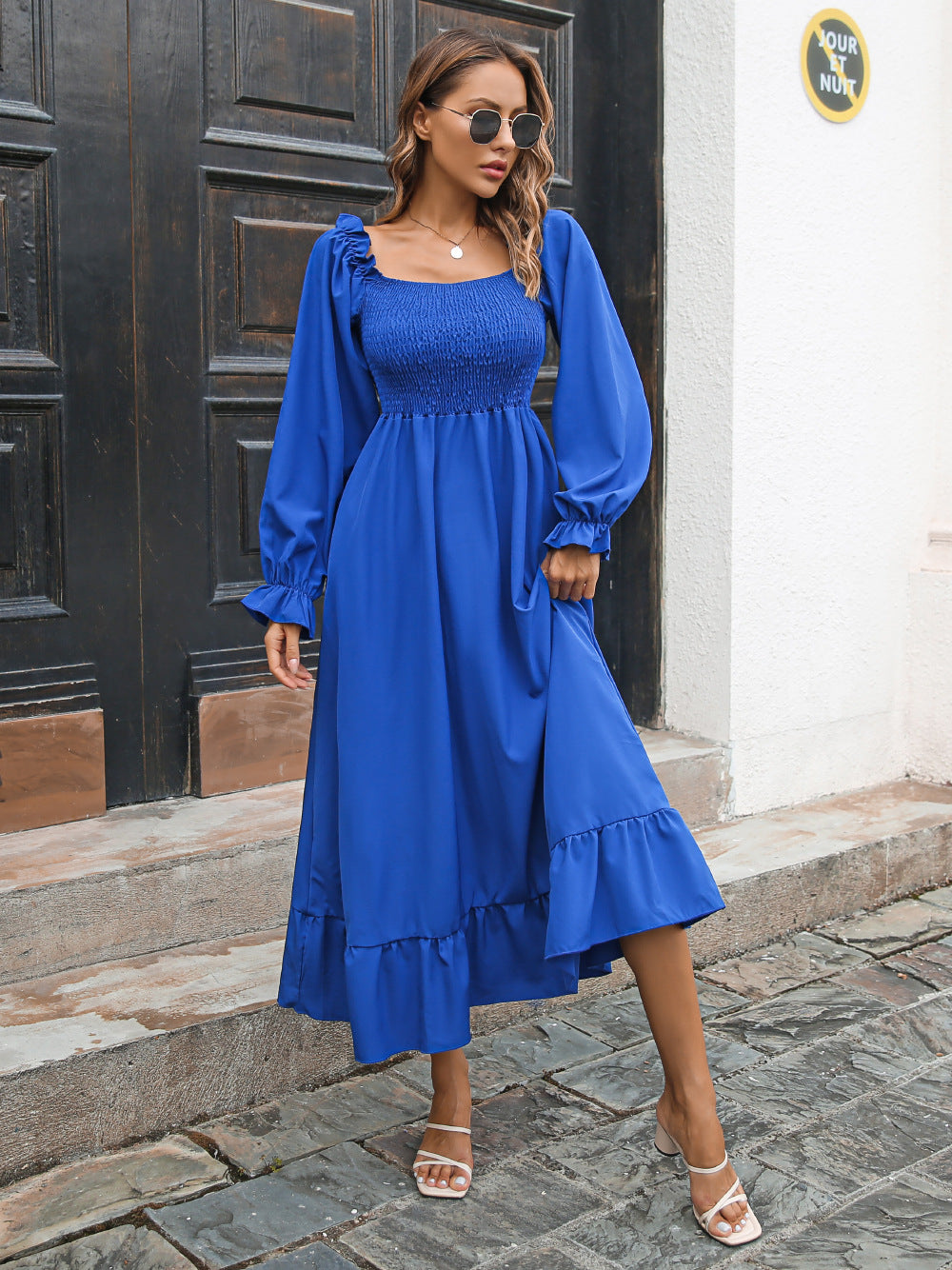 Casual Ruffled Long Sleeves Fall Dresses-Dresses-Blue-S-Free Shipping Leatheretro