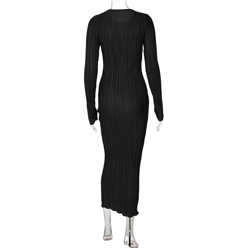 Fashion Round Neck Long Sleeves Dresses-Dresses-Black-S-Free Shipping Leatheretro