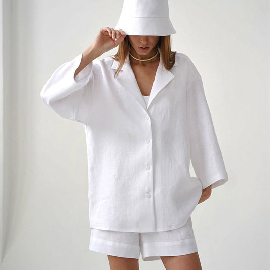 Summer Cotton Long Sleeves Shirts and Shorts Suits-Suits-White-S-Free Shipping Leatheretro