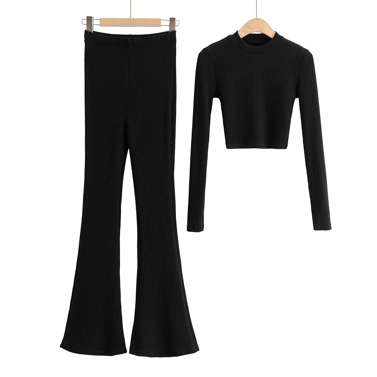 Sexy Women Knitting Midriff Baring Tops And High Waist Pants-Suits-Black-S-Free Shipping Leatheretro