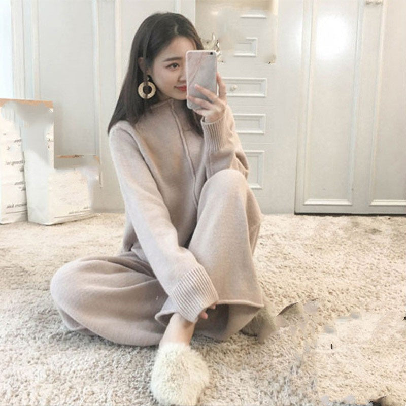 Casual Turnover Collar Two Pieces Knitted Suits for Women-Suits-Apricot-S-Free Shipping Leatheretro