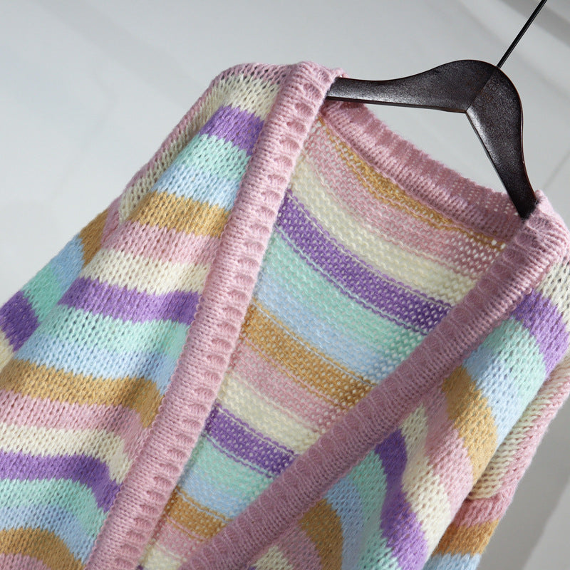 Colorful Striped Women Knitted Cardigan Outerwear-Shirts & Tops-Pink-One Size-Free Shipping Leatheretro