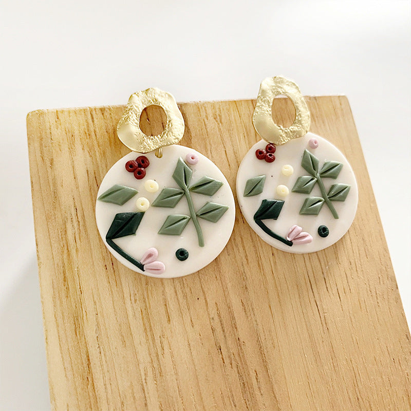 Engraved Flowers Handmade Clay Earrings for Women-Earrings-5-Free Shipping Leatheretro