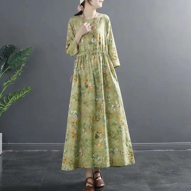 Vintage Cotton Women Plus Sizes Long Dresses-Dresses-Gray-M-Free Shipping Leatheretro