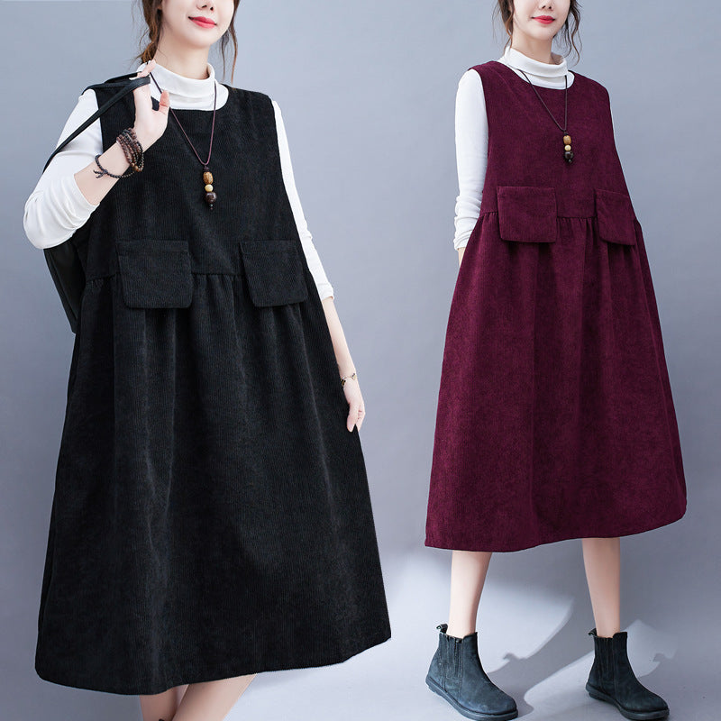 Vintage Corduroy Plus Sizes Fall Long Vest Dresses-Dresses-Black-M-Free Shipping Leatheretro