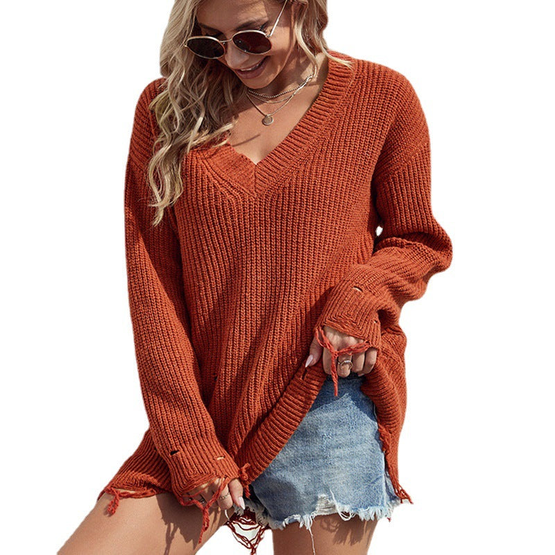 Casual V Neck Long Sleeves Knitted Fall Sweaters-Shirts & Tops-Rose Red-S-Free Shipping Leatheretro