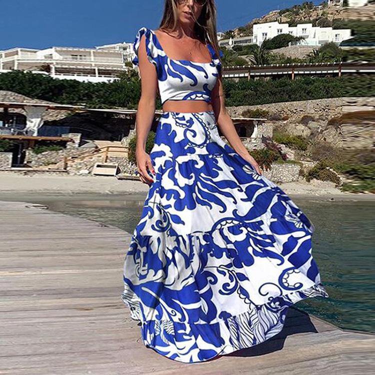 Straps Floral Print Tops&Skirt Sets-Boho Dresses-Blue-S-Free Shipping Leatheretro