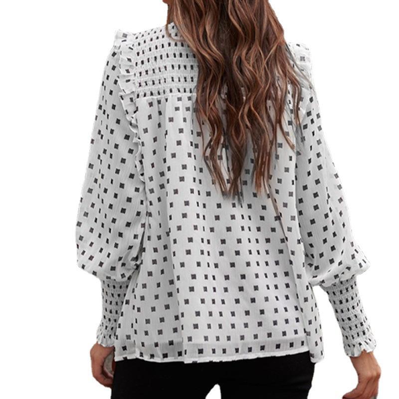 Women Ruffled Dot Print Chiffon Tops Blouses-Shirts & Tops-White-S-Free Shipping Leatheretro