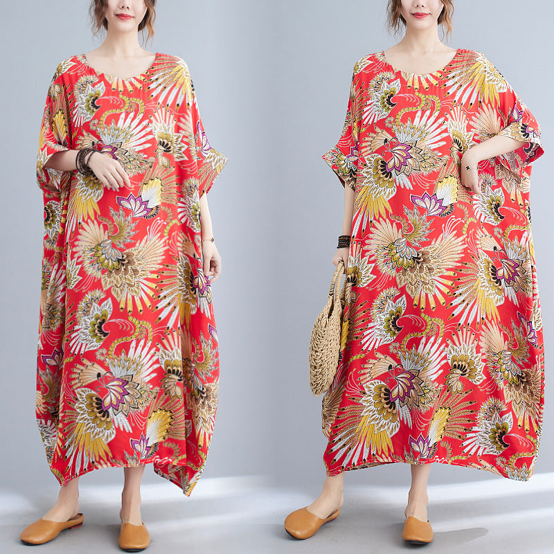 Casual Floral Print Red Plus Sizes Maxi Dresses-Dresses-Red-One Size-Free Shipping Leatheretro