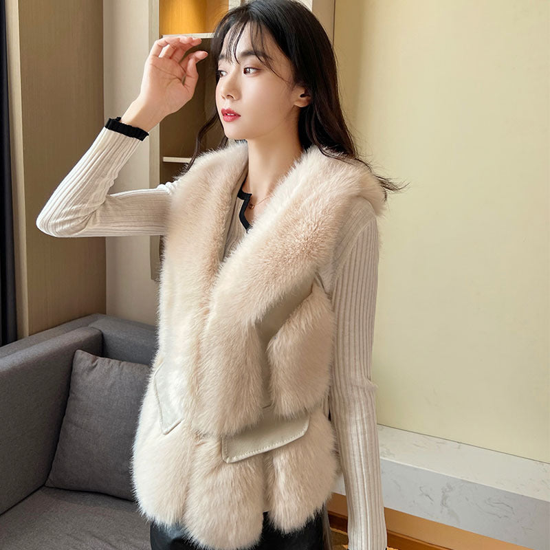 Winter Man Made Fox Fur Short Top Vest for Women-vest-米色（口袋盖马甲）-S-Free Shipping Leatheretro