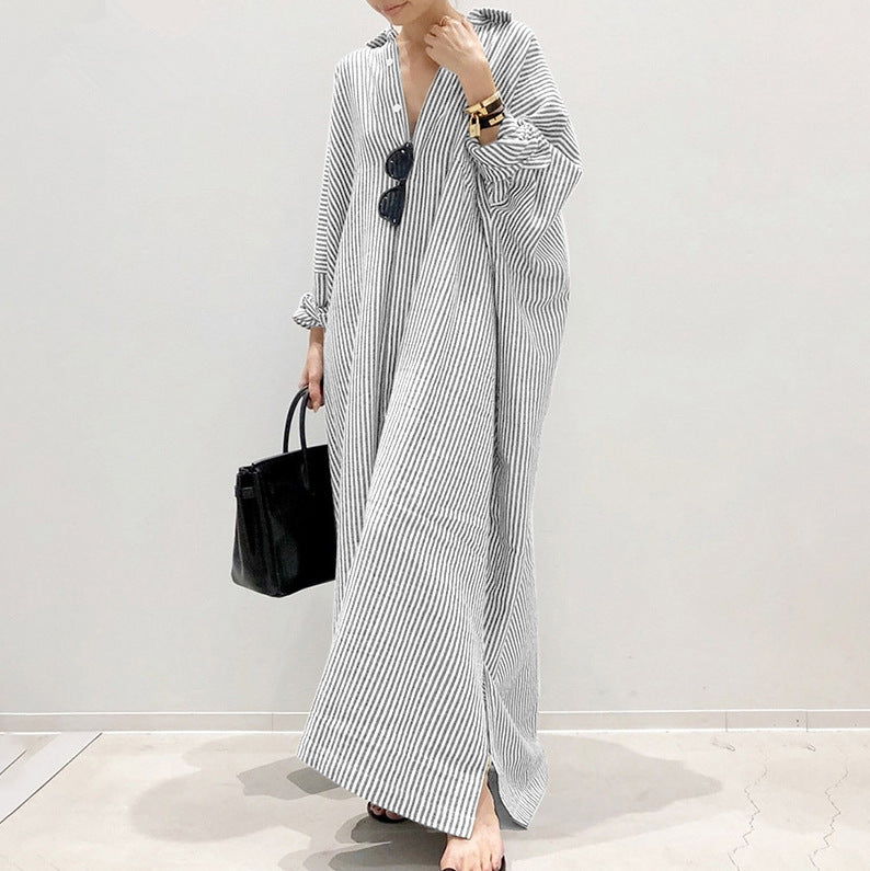 Casual Striped Plus Sizes Irregular Women Long Cozy Dresses-Dresses-Gray-S-Free Shipping Leatheretro