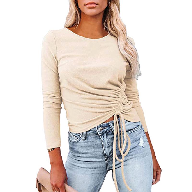 Women Drawstring Fall Long Sleeves T Shirts-Shirts-Ivory-S-Free Shipping Leatheretro