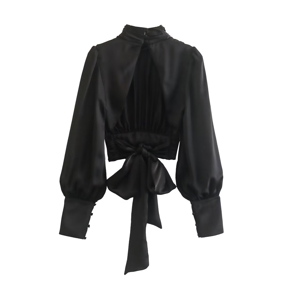 Black Satin Summer Short Blouses for Women-Shirts & Tops-Black-S-Free Shipping Leatheretro
