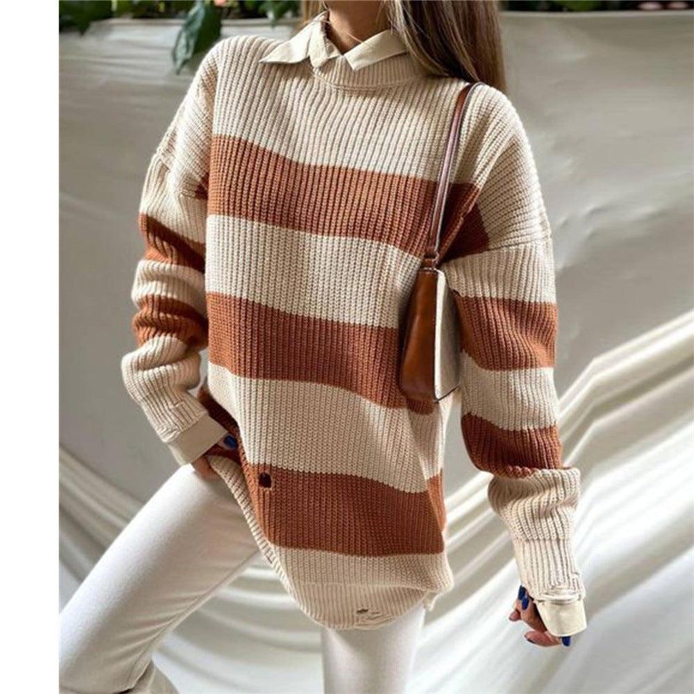 Women Plus Sizes Knitting Long Sweaters-Shirts & Tops-Brown Striped-S-Free Shipping Leatheretro