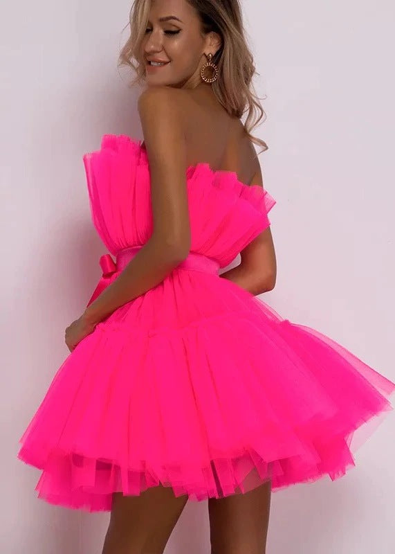 Sexy Strapless Tulle Bowknot Ball Gown Pary Dresses-Dresses-Pink-S-Free Shipping Leatheretro