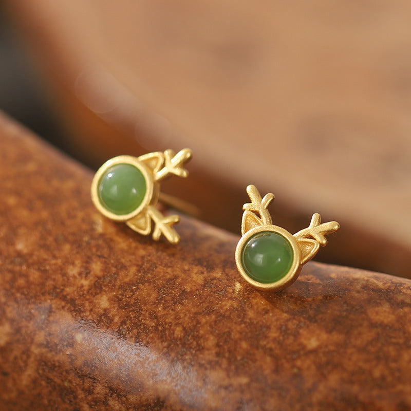 Lovery Deer Design Golden Plated Earring Stud-Earrings-Green-Free Shipping Leatheretro