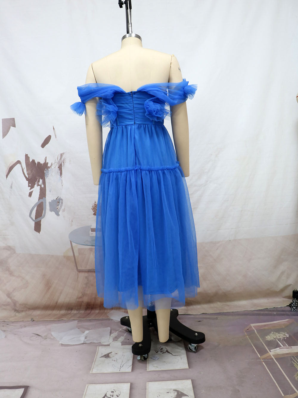 Blue Off The Shoulder Tulle Princess Dresses-Dresses-Blue-S-Free Shipping Leatheretro