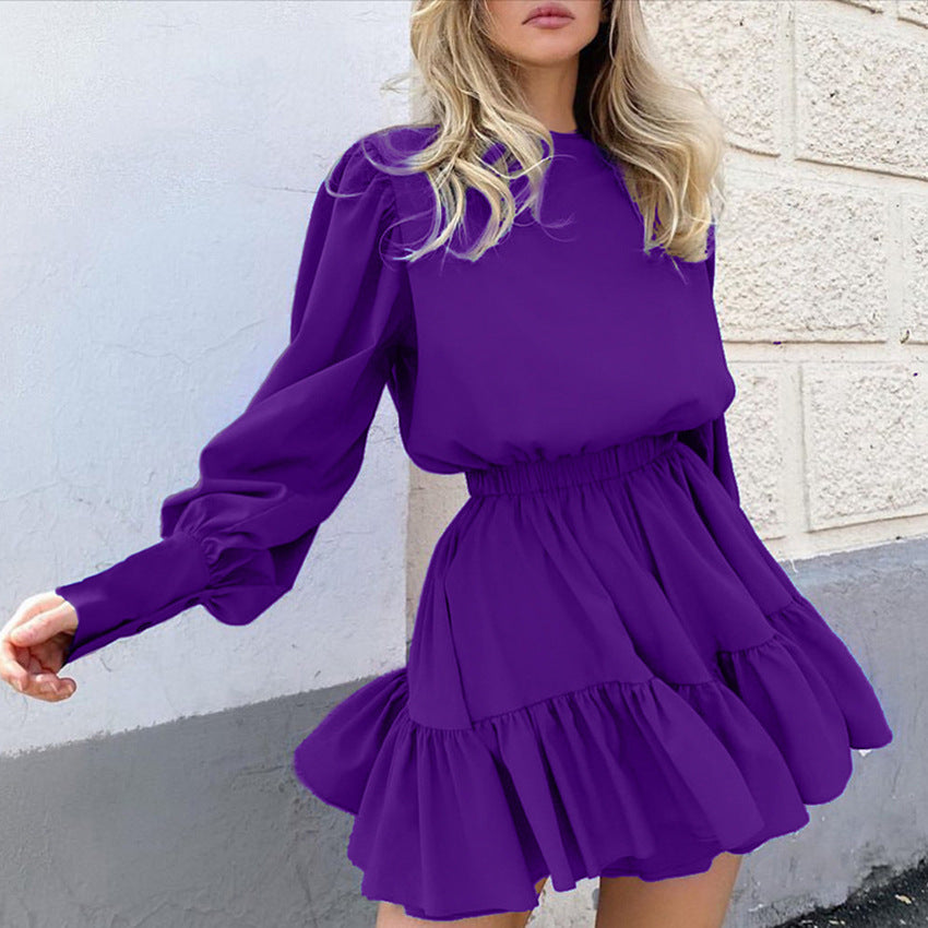 Vintage Long Sleeves Elastic Waist Short Dresses-Dresses-Purple-S-Free Shipping Leatheretro