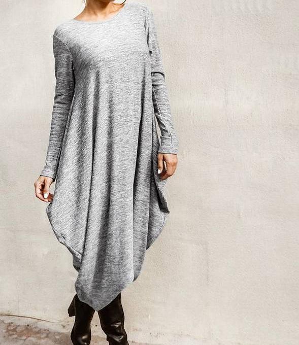 Irregular Plus Sizes Women Fall Long Dresses-Cozy Dresses-Gray-S-Free Shipping Leatheretro