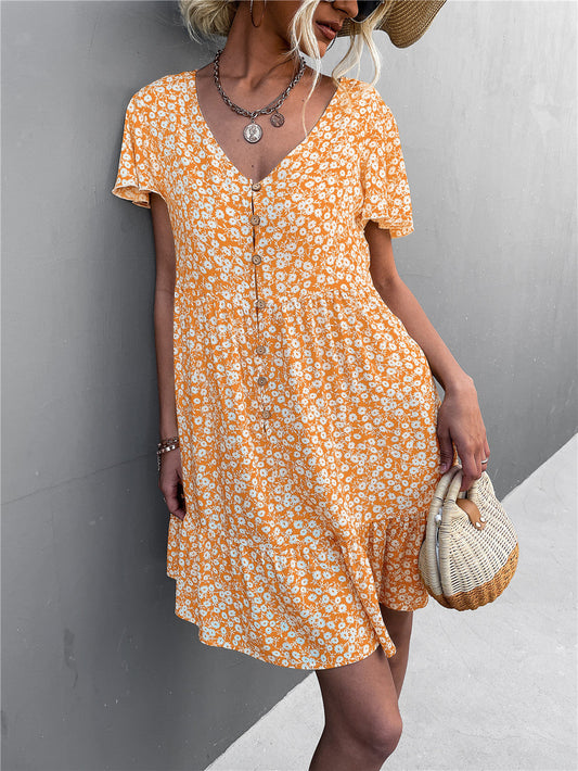 Leisure Floral Print Summer Short Dresses-Dresses-Yellow-S-Free Shipping Leatheretro