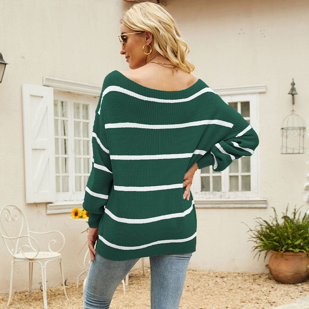 Women Off The Shoulder Striped Knitted Pullover Sweaters-Shirts & Tops-Black-S-Free Shipping Leatheretro